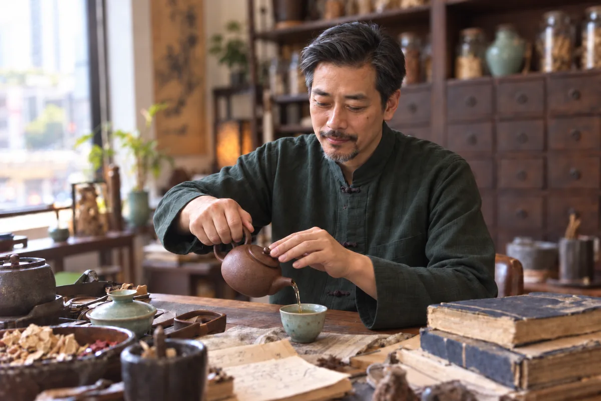 J. Luo preparing tea in a traditional herbal study