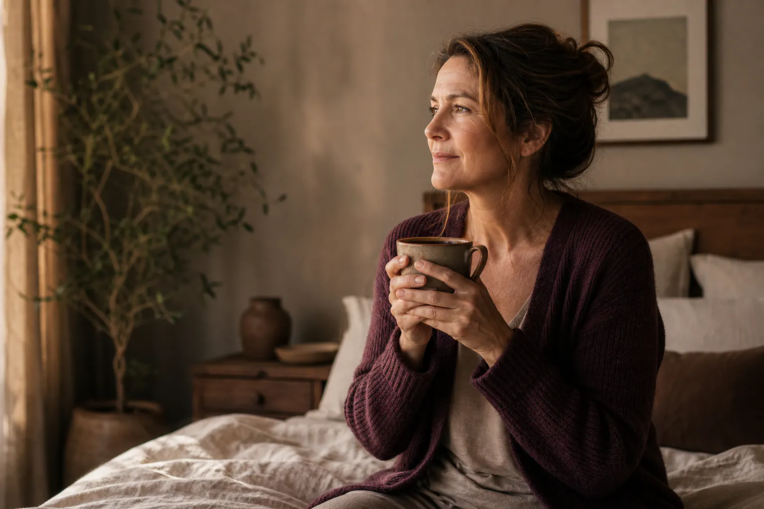 A woman in midlife holding a warm ceramic mug in morning light