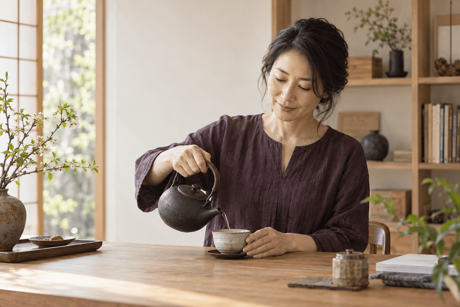 温かいお茶をいれる女性