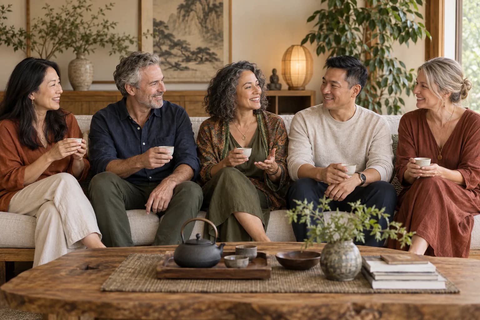 Women and men sharing tea during a seasonal gathering